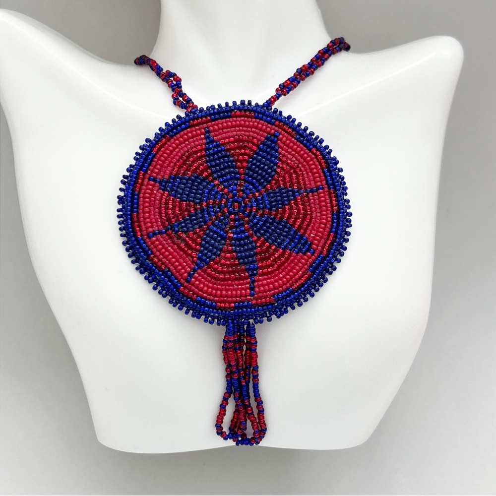 Vintage Southwestern Beaded Large Sunburst Medallion Long Necklace